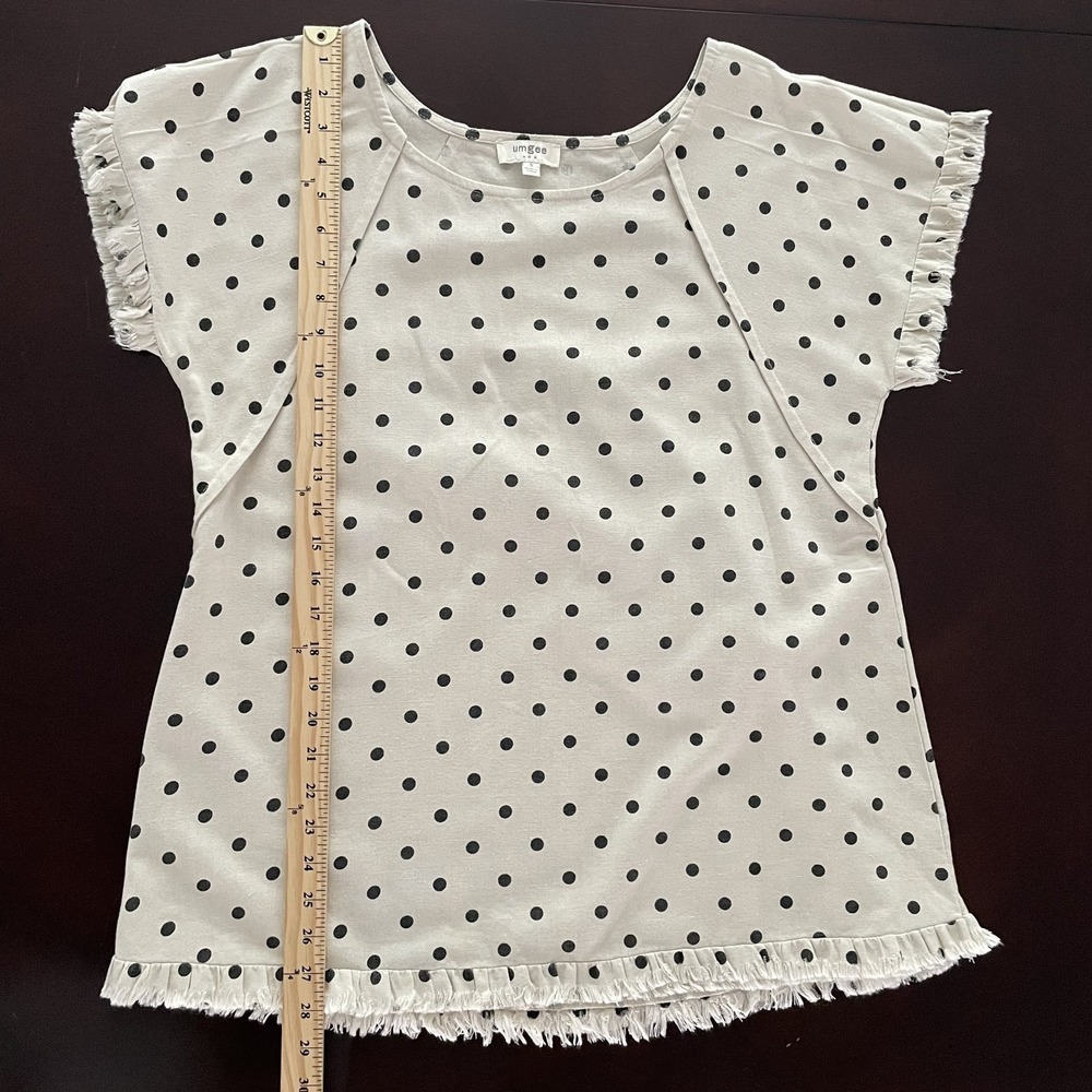 Umgee Linen Cotton Polka Dot Boxy Top Ivory Size S Canvas Fringe Twee Oversized - Picture 12 of 12